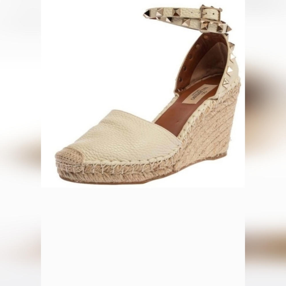 Valentino Cream Leather Espadrille Wedge with Stud Ankle Strap